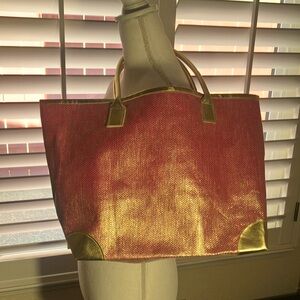 🩷💛Sunset Cove CUTE Pink & Gold Metallic Large Tote Bag W/Gold Handles NEW!!